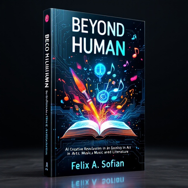 A fusion of human and digital elements with an AI-generated artwork at the center, showcasing a painting brush, floating musical notes, and an open book. Around these, vibrant neon and metallic abstract patterns intertwine with swirling gradients of blue and black, emphasizing a futuristic feel.