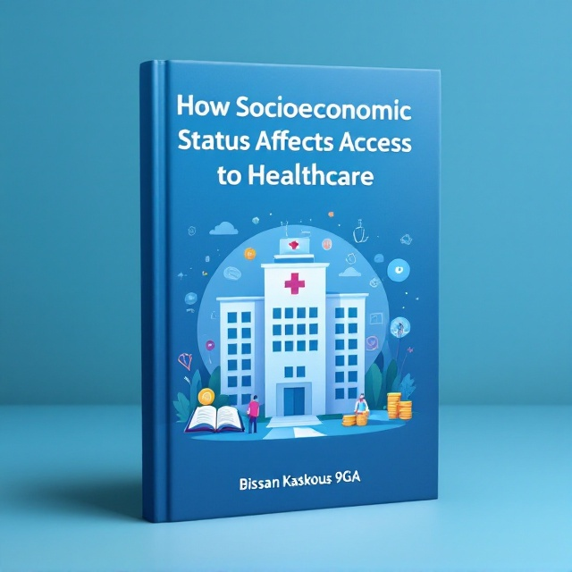 The cover features a stylized image of a hospital building set against a gradient blue background. The hospital is depicted with a combination of realistic and abstract elements, giving it a modern and slightly futuristic look. Surrounding the hospital are symbolic representations of various socioeconomic factors, like coins, a stethoscope, and an open book. These symbols are subtly integrated into the design, forming a cohesive pattern around the central hospital image.