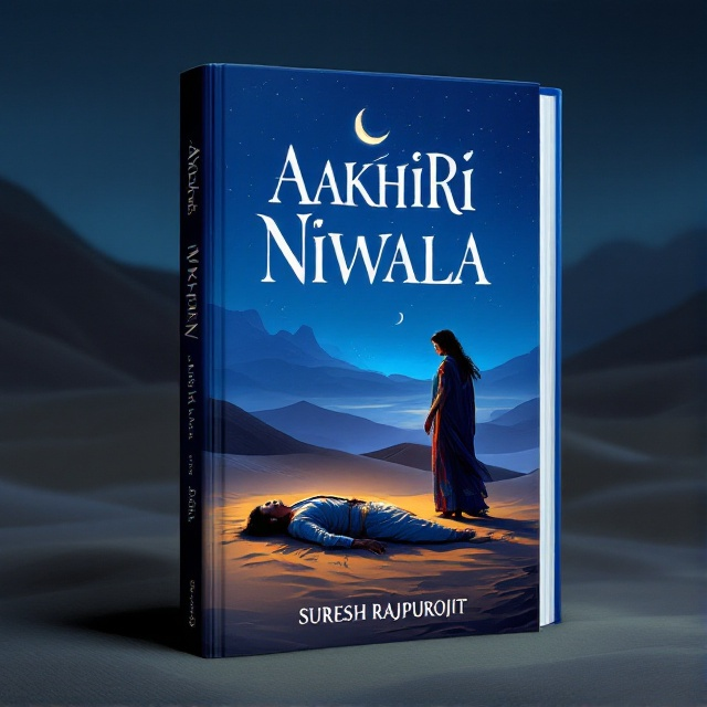 A striking illustration of a desert scene at twilight, with deep blue skies. A Rajasthani man, dressed in traditional attire, lies respectfully on the sand, serene and lifeless. A lone woman, also in traditional dress, approaches him with a sense of mystery and purpose. Sand dunes and crescent moon provide a quiet backdrop.