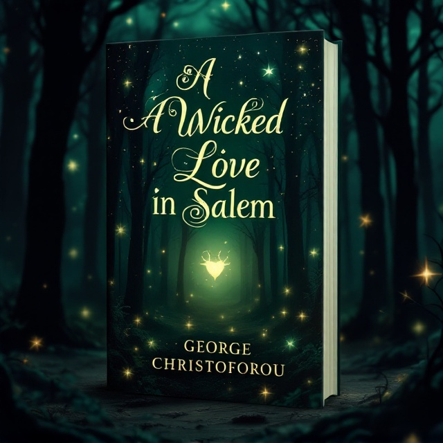 The cover features a dark, enchanting forest scene bathed in hues of deep green and shadowed darkness. In the foreground, ethereal witchcraft symbols softly glow with a mystical aura, suggesting a hidden power within the forest. The sky above the forest is sprinkled with stars that subtly twinkle, adding depth and a sense of otherworldliness to the scene.