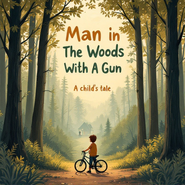 A whimsical illustration with a soft, earthy color palette features an 8-year-old boy standing beside his bicycle at the edge of an expansive forest. Tall trees tower in the background, their leaves a soft forest-green. Tucked in the shadows between the trees, a faintly visible figure adds a playful touch of mischief. In the distance, the subtle silhouette of a family home offers a hint of security and warmth. The overall atmosphere exudes nostalgia and lightheartedness with an underlying whisper of adventure and secrecy.