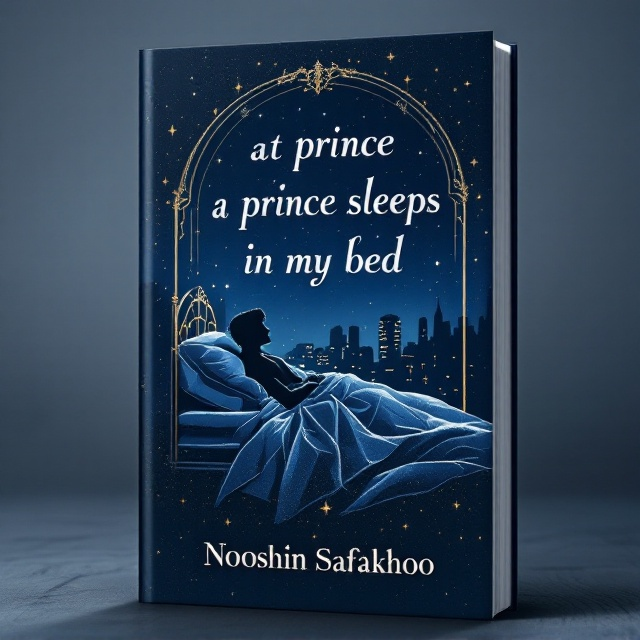 An abstract silhouette of an elegant prince figure sleeping serenely on a stylized bed, surrounded by a dream-like nightscape with scattered stars and a city skyline faintly visible in the background. The color palette includes midnight blues, silver, and a hint of gold sparkle, evoking a sense of mystery and grandeur, with detailed line work reflecting a graphic novel's illustrative quality.