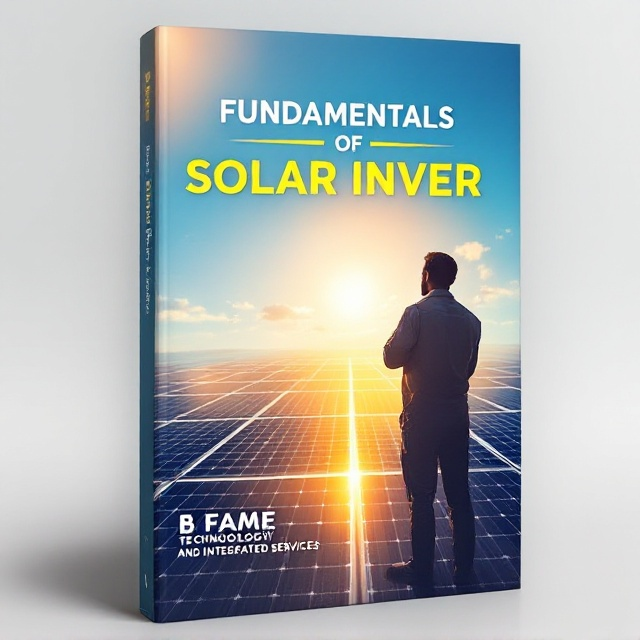 The cover features an angled view of a field of solar panels under a bright, clear sky, with sunlight reflecting off their surfaces. In the foreground, an installer stands in profile, looking over the panels with a contemplative expression. His silhouette is sharply defined against the backdrop. The color palette consists of deep blues and bright golds to evoke the feeling of technology harnessing natural energy.