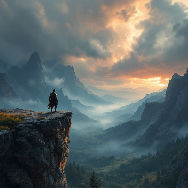 A dynamic, mystical landscape featuring a lone warrior, Castian, standing on a cliff edge. Below him, a sprawling kingdom with deep forests and distant mountains wrapped in mist. The sky is dramatic, with swirling clouds and a hint of an incoming storm, casting shadows that suggest imminent danger. Warm tones of orange and red contrast with cool blues and shades of gray, emphasizing the adventurous and perilous nature of the journey.