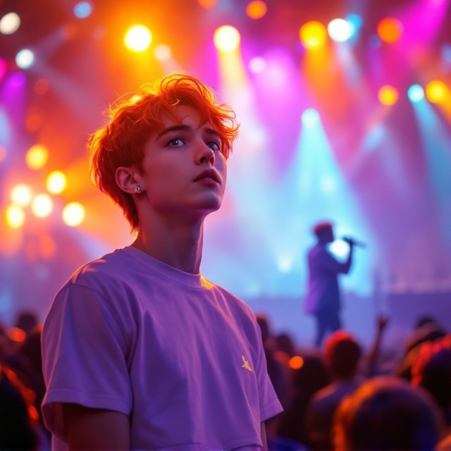 A lively stage scene with vibrant show lights creating a dynamic, magical atmosphere. At the forefront, a young man with striking orange hair (Jimin) looks surprised and filled with admiration, clutching a symbolic concert ticket. He dons a white cropped top featuring a violet BTS logo. In the backdrop, the silhouette of Jungkook singing passionately to an audience, casting a strong connection through intense, meaningful glances exchanged with Jimin. Warm tones of orange, gold, and red blend with soft purple and deep blue hues, reflecting the passionate energy of Brazil, subtly mixed with the romance's enchanting mystery. Discreet cultural elements like a faint Brazilian map outline are woven into the background for localized charm.