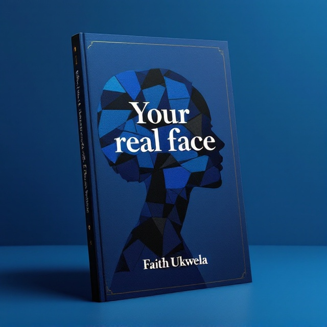 A silhouette of a face in the foreground, composed of diverse geometric shapes in shades of blue and black, symbolizing the exploration of identity. A subtle gold gradient adds elegance, with a professional polish. A background of deep blue provides a contrasting backdrop.