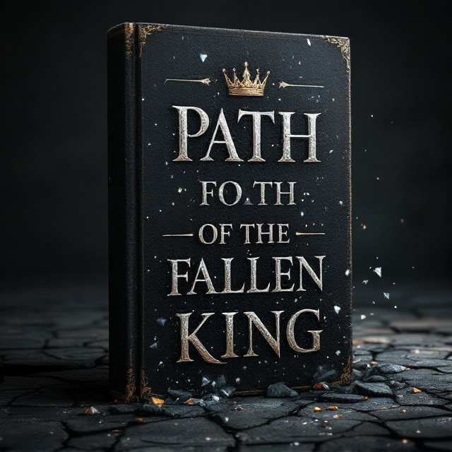 A dark, somber cover with a detailed illustration of a crown mid-fall, its jewels scattering as it shatters upon hitting a rugged, stone floor. The stone floor is textured, showing cracks and intricate patterns, suggesting age and a history of conflict. The background is a rich, deep black, creating a stark contrast with the crown's metallic luster and sparkling gemstones. Soft shadows and gentle highlights are used to enhance the dramatic impact and create a sense of sorrow and loss.