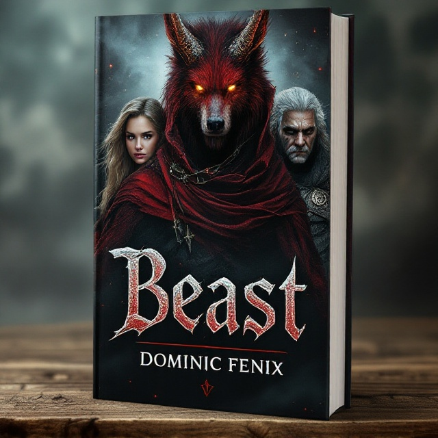 The cover features a central figure, the wolf-like humanoid, with prominent dragon horns, draped in a tattered cloak. His dark red fur contrasts sharply with his golden, glowing eyes which draw immediate attention. Positioned to his right is a young blonde woman with an expression of defiance, and to his left, an elderly warrior with a battle-scarred face and a stoic presence, alongside a dark-skinned woman who exudes mystery and strength. The background is a swirling dark mist, creating an aura of enigma and danger.