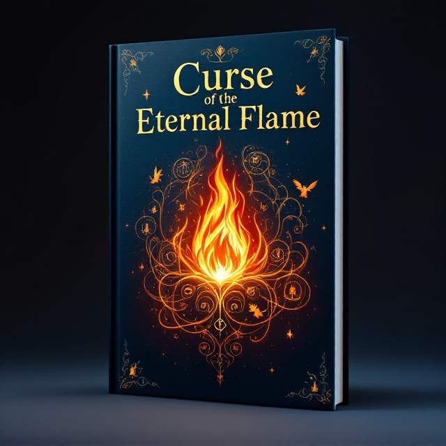 A flickering, glowing flame at the center of the cover, with swirling mystical symbols and ancient runes weaving around it. The background fades from deep midnight blue at the top to ember orange at the bottom, suggesting magic and mystery. Small silhouettes of dragons and wizards subtly hidden amongst the symbols add an element of discovery.