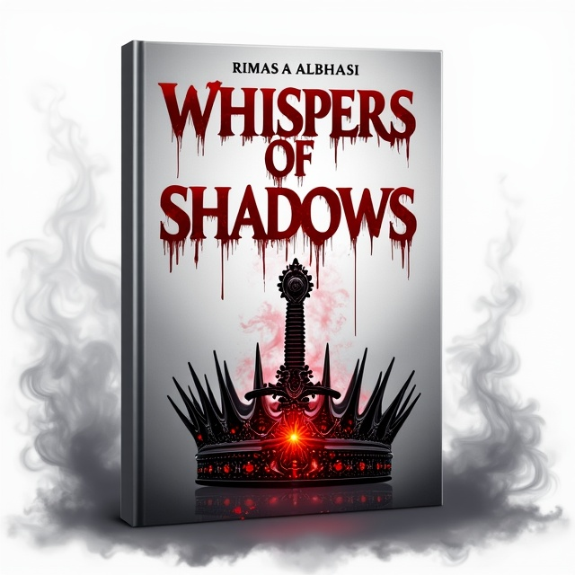 Smoky tendrils curl and wisp at the corners of a stark white background, creating an ethereal frame. The title, "Whispers of Shadows," is central, dripping red as if inked in liquid blood. Below, the focus shifts to a shattered black crown embedded with glimmering red gems, positioned next to a sleek black sword wrapped with spiraling red magic, which glows as though alive, with tendrils of smoke emerging from both objects.