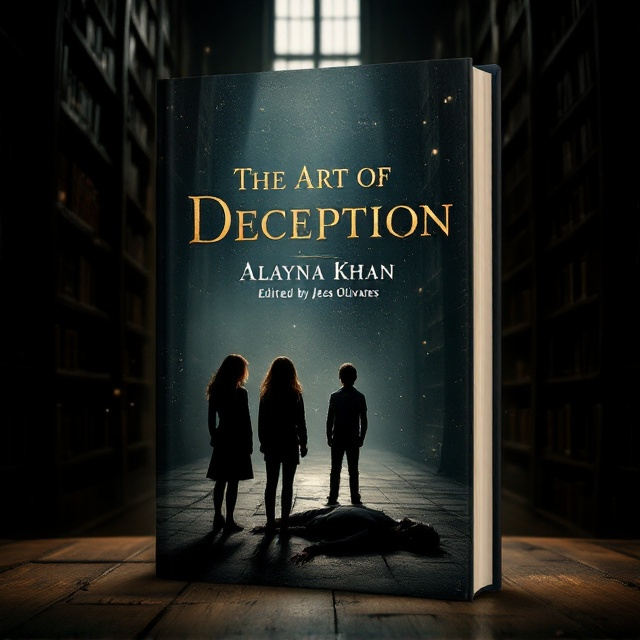 The cover depicts a shadowy, dimly lit mahogany library with towering bookshelves that vanish into darkness. In the foreground, two girls and one boy stand facing the silhouette of a lifeless body on the floor. The expressions on their faces are tense, filled with suspense and intrigue. Subtle hints of dust motes float through the air, illuminated by a lone light source filtering in through a high window. The color palette includes deep browns, blacks, and hints of muted gold.