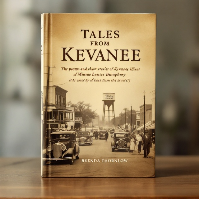 A nostalgic sepia-toned photograph of a quintessential small-town street in Kewanee, Illinois, from the 1930s. Vintage cars line the street and townsfolk dressed in period attire add life to the scene. A light haze gives the photo a dreamy quality, evoking reminiscence. In the background, a distant water tower or nameplate with "Kewanee" etched on it acts as a symbolic reminder of the place.