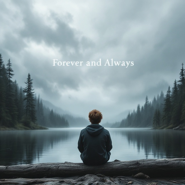 The cover presents a somber, atmospheric scene featuring the back view of a teenage boy with brown hair, sitting alone on a weathered log. He looks out over a calm lake surrounded by dense pine trees. The sky overhead is overcast with swirling clouds, adding to the mood of sadness and nostalgia. The color palette consists of grey skies and deep forest greens from the trees, with soft reflections in the water.