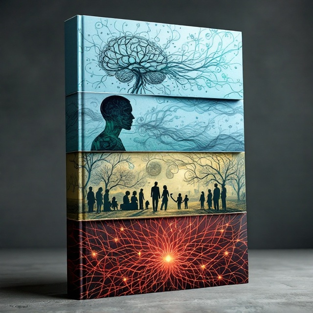 The cover is divided into four equal horizontal sections. The top section features the intricate illustration of a human brain with flows of neural connections depicted in light blue and green, illustrating the concept of memory and neuroscience. The second section shows a silhouette of a person engaged in an inner dialogue, with swirling abstract lines connecting to the brain above. The third section has a scene of a psychodrama session with miniaturized, semi-transparent objects and figures representing family members. The bottom section displays a detailed genosociogram with interconnected lines representing ancestors, woven into fiery red threads diverging and converging.