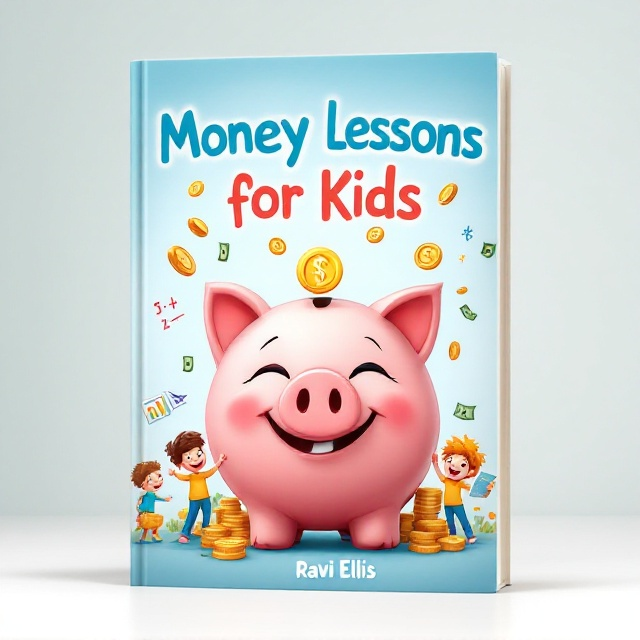 The cover showcases a central cartoon piggy bank with a wide smile, surrounded by dynamic, swirling coins and dollar bills. Several joyful children are engaged in playful activities around the piggy bank; one child is placing a coin into the slot, another is handling a simple colorful chart. Floating around them are educational symbols like basic math equations and graphs, with a light, cheerful background in shades of light blue to give a sense of harmony and positivity.