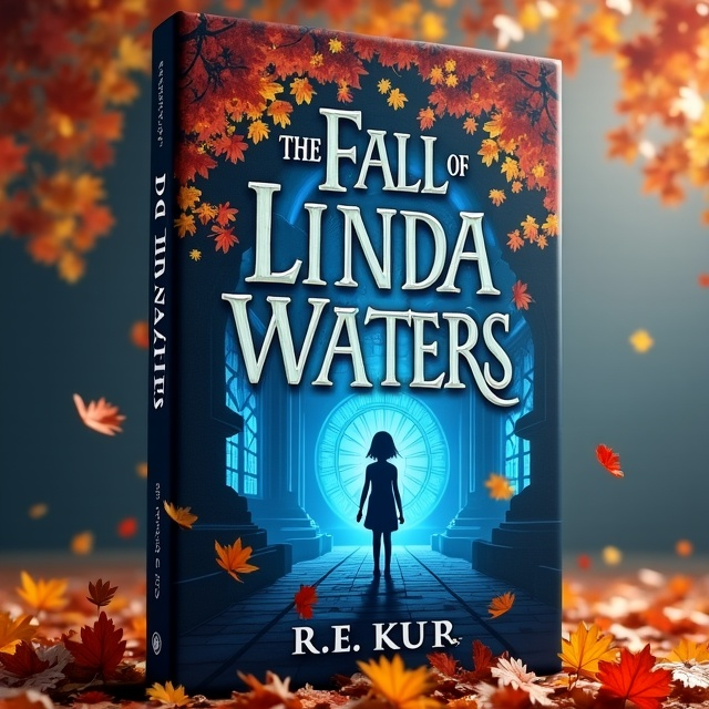 The cover features an ethereal scene where vibrant autumn leaves cascade from the top, swirling around a serene, ghostly blue silhouette of a young girl standing at the center. In the background, an ancient, intricately designed clock face looms, partially concealed by leaves. The faint outlines of spectral figures hint at unseen allies and adversaries, blending into a surreal twilight sky that hints at both dusk and dawn. The edges of the scene blur slightly into mysterious shadows.
