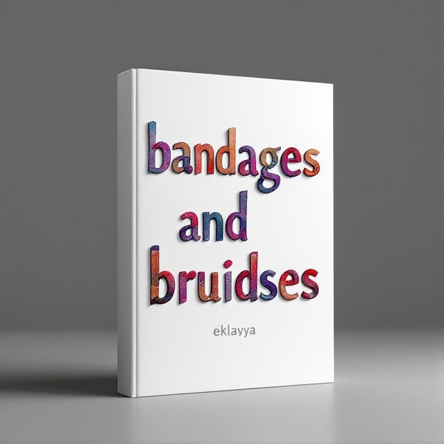 The cover features a stark white background with the book title "bandages and bruises" creatively arranged. Each letter of the title is designed to resemble a combination of bandages and bruises, with varying shades of reds, purples, and browns blending together to emulate bruising. The author’s name "eklavya" is positioned subtly in the lower right corner in a light grey color to maintain focus on the title's visual impact.