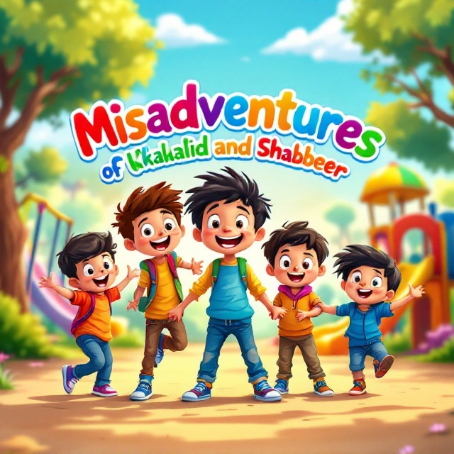 The front cover features a lively, colorful illustration of five mischievous kids—Umar, Qamar, Hassan, Khalid, and Shabbeer—engaged in various playful antics. They are illustrated in cartoon style with exaggerated, fun expressions. The background is a vibrant playground scene, with swings, slides, and trees, conveying a sense of adventure and joy. The title arches over the top in a dynamic, wavy pattern, as if bouncing with the characters' energy.