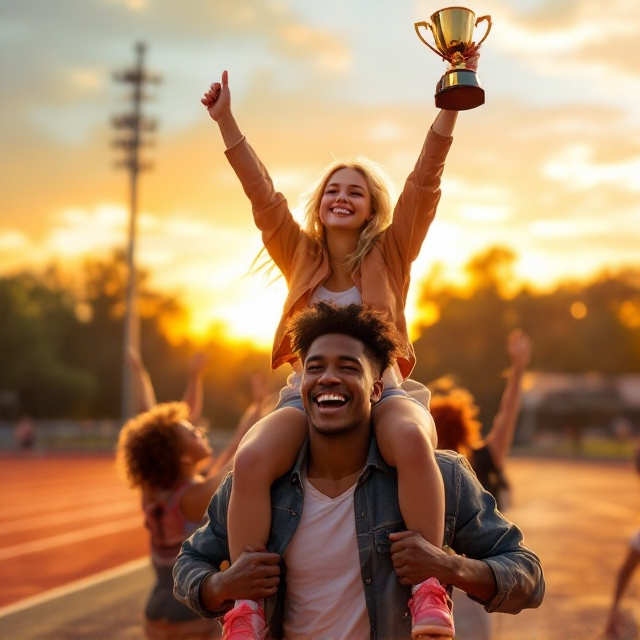 The cover showcases a vibrant scene of an athletic field bathed in the golden glow of the setting sun. In the foreground, a jubilant scene unfolds with a teenage blonde girl who has heterochromia, riding on the shoulders of a tall, black-haired boy. She is holding a celebratory trophy aloft with a blissful expression. Around them, a crowd of cheerful young adults, including a notable red-haired girl, joyfully reaching out towards the trophy, adding jubilant energy to the scene. The background subtly features the track and field, giving context to the victory they are celebrating.