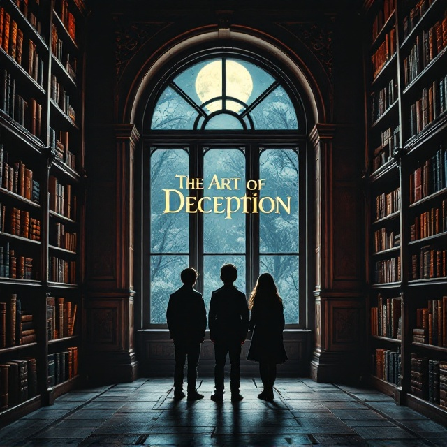 The cover features a dimly lit, large mahogany library with towering bookshelves filled to the brim with ancient tomes. An arched window serves as the main focal point at the center, with its moonlit glow casting shadows. Three figures—a boy and two girls—stand silhouetted against the window, their postures suggesting mystery and intrigue.