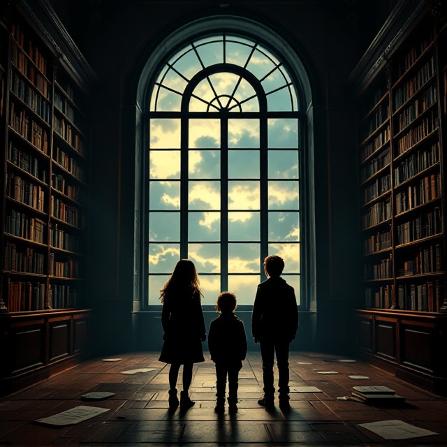 A dimly lit, expansive mahogany library fills the background. Its tall, arched window reveals glimpses of ominous clouds beyond. In front of the window stand the silhouettes of two girls and one boy, their forms a mysterious shadow against the dim light filtering through. Bookshelves heavy with tomes line the room, while stray sheets of paper suggest hidden secrets.