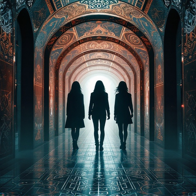 A surreal blend of three distinct silhouettes, each representing Rafael, Claudia, and Paula. They are placed against an abstract, infinite corridor backdrop, with pathways merging into one central light source. The corridor's walls are adorned with elegant patterns and intricate designs, symbolizing the complexity of their minds. The central light source casts soft shadows, adding a touch of mystery and intrigue.