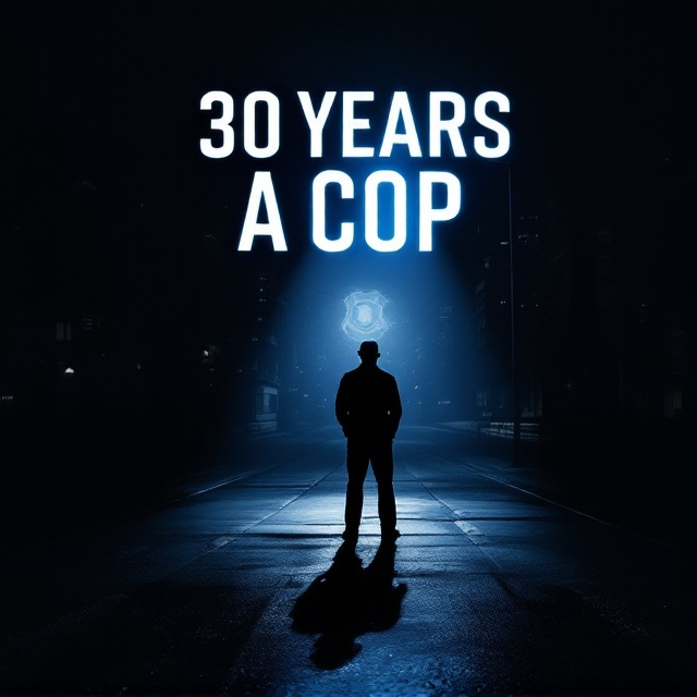 A shadowy cityscape at night with a singular police badge illuminated by eerie streetlight. The silhouette of a lone officer stands facing the badge, casting a long shadow. Dark blues and blacks dominate the scene with sharp contrasting light to create an ominous and inspiring atmosphere.
