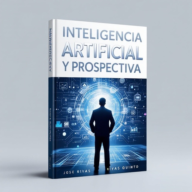 The cover features a sleek and modern design, predominantly in white with hints of deep blue and metallic silver accents. At the center, an abstract representation of artificial intelligence as a glowing neural network emerges from a computer screen, with interconnected nodes and lines transforming into a digital landscape of data trends and business icons. In the foreground, a silhouette of a businessman stands with his back to the viewer, gazing at this futuristic scene. The businessman, in a tailored suit, adds a human element to the theme of technology and foresight.