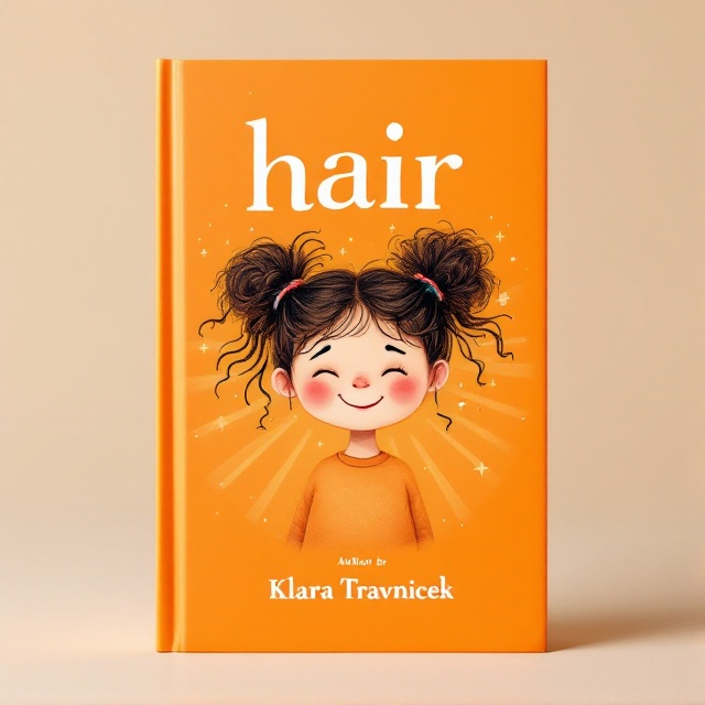 A whimsical illustration of a young girl with a joyful expression, her hair styled in a voluminous and playful manner that resembles the shape of a heart. The background is a bright orange, radiating warmth and energy, with subtle accents of lighter shades creating a sense of fun and movement.