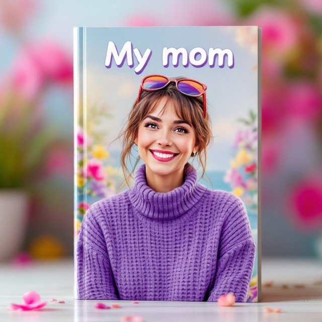 A vibrant illustration of a smiling mom with sunglasses perched on her head, wearing a stylish purple sweater. The background is a cheerful scene with soft, swirling colors suggesting a coastline or garden, capturing a playful and joyful mood.