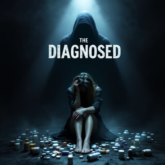 A dark, stormy background with a single spotlight highlighting a grief-stricken woman sitting on the floor, her face partially hidden in shadows. Among scattered pills and medicine bottles, an ominous shadow looms over her, hinting at a larger sinister presence. Subtle tendrils of smoke or mist curl around the edges, creating an aura of mystery and tension.