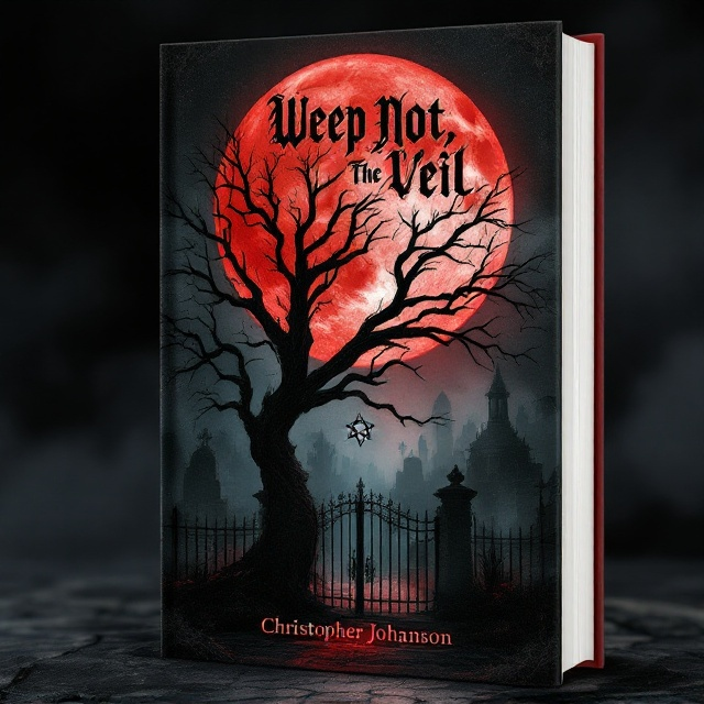 Dark, atmospheric imagery of a twisted, leafless tree silhouetted against a blood-red moon, with ghostly tendrils of fog weaving through the branches and obscuring an ancient, iron-gated cemetery beneath. The overall color palette is dominated by deep blacks, smoky grays, and sinister reds to convey a gothic horror feel. A faint pentagram is subtly etched into the background, creating an occult undercurrent.