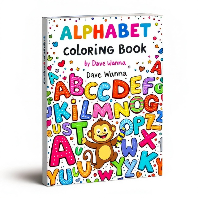 The cover features a playful and vibrant design with a colorful array of alphabet letters spread across the front. Each letter is uniquely designed with a mix of bright, primary colors, and patterns like polka dots and stripes. The background is a soft, pastel color that enhances the lively appearance. A smiling cartoon character, possibly an animal like a monkey or bear, holds a crayon, suggesting creativity and fun.