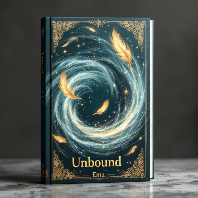 A swirling whirlwind of wind whisps encircles the cover, creating a dynamic flow. Golden feathers appear to be suspended in motion, as though they are caught in the magical breeze. These feathers leave a soft trail of glinting magic in their wake. At the edges, intricate, timeless golden illustrations frame the cover, reminiscent of classical storybook designs, enhancing the fantasy theme.