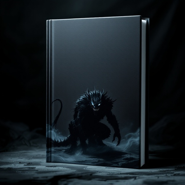 A shadowy monster crouched menacingly on all fours with a long, powerful tail, its form partially obscured by swirling shadows that writhe against a dark, ominous background. The creature's eyes are piercing and glint with a hint of malevolence, making it clear that it is no ordinary beast. The only light source is an eerie, low-hanging moon casting elongated shadows across the scene.