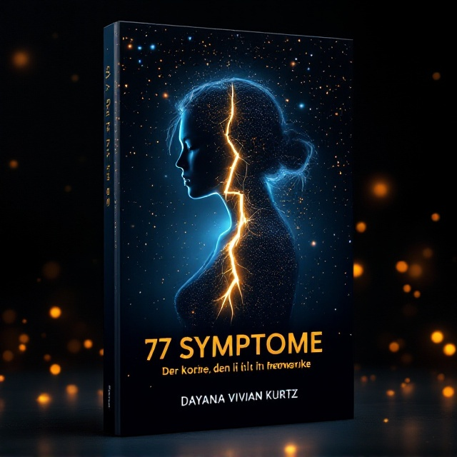 A glowing female silhouette from the shoulders up is prominently featured in the center of the cover. A bright, jagged lightning bolt runs vertically through her face and torso, symbolizing the 77 symptoms she embodies. Surrounding her is a mysterious, deep black background filled with tiny, ethereal glowing particles reminiscent of a starry universe. The lighting is high contrast, with deep shades of blue and dramatic golden highlights that illuminate the silhouette and create a sense of cinematic intensity and emotion.