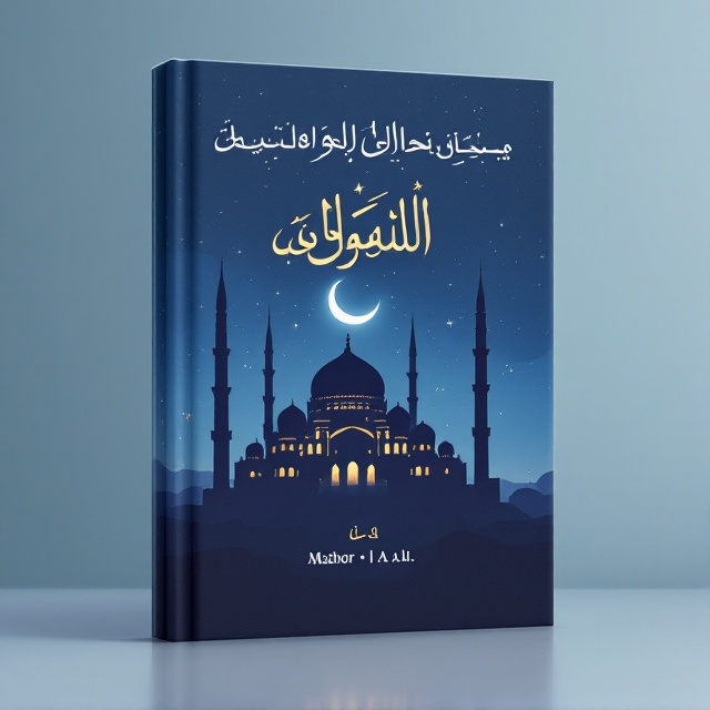 The cover showcases a large, elegant illustration of a mosque silhouette against a serene night blue sky. The foreground features a figure in prayer, peacefully reading under a subtle, glowing crescent moon. Whispers of calligraphy echo the serenity of the scene, wrapping around the mosque spires.