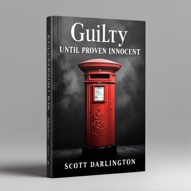 An imposing UK post box is central, slightly tilted, symbolizing the weight of accusation. The backdrop transitions from a dark gray at the bottom, signifying injustice, to a lighter gray at the top, hinting at eventual justice. The post box is featured in a vivid red, contrasting with the monochrome background, making it the striking focal point.