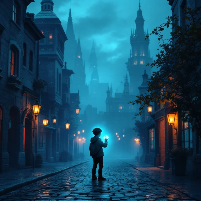 The cover features a misty, mysterious cityscape in the twilight, with glowing lanterns subtly illuminating cobbled streets. The buildings are a blend of ancient stone structures and sleek, futuristic towers, creating a sense of timelessness. In the foreground, the young boy stands with a curious expression, clutching the mysterious, blue-glowing watch. The use of cyan hues ties the elements together and adds to the sense of wonder and intrigue.
