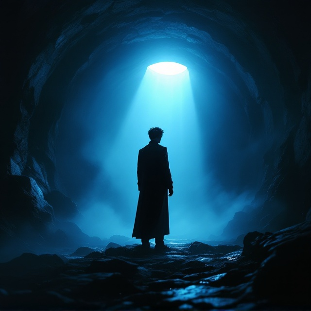 A silhouette of a male protagonist standing in the foreground, partially illuminated by a dim shaft of light filtering from above, contrasting against the dark atmosphere of an underground setting. To one side, a mysterious gothic woman emerges from the shadows, her eyes enigmatic and alluring. The authoritarian regime is subtly hinted with regalia or insignia faintly integrated into the backdrop, whispering of control and surveillance. The whole scene is bathed in dark blue tones, creating a somber, oppressive atmosphere, with hints of light that evoke the potential of hope or rebellion.