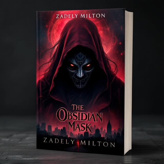 A shadowy, mysterious figure with a detailed obsidian mask dominates the center of the cover. His eyes, intense and enigmatic, are the only visible part of his face. Behind him, a silhouette of a woman with flowing, dark hair represents Lilith. The background is a blend of ominous reds and deep purples, with a faint cityscape at the bottom, hinting at an urban setting. The soft, misty glow around the characters adds an air of mystery and obsession.