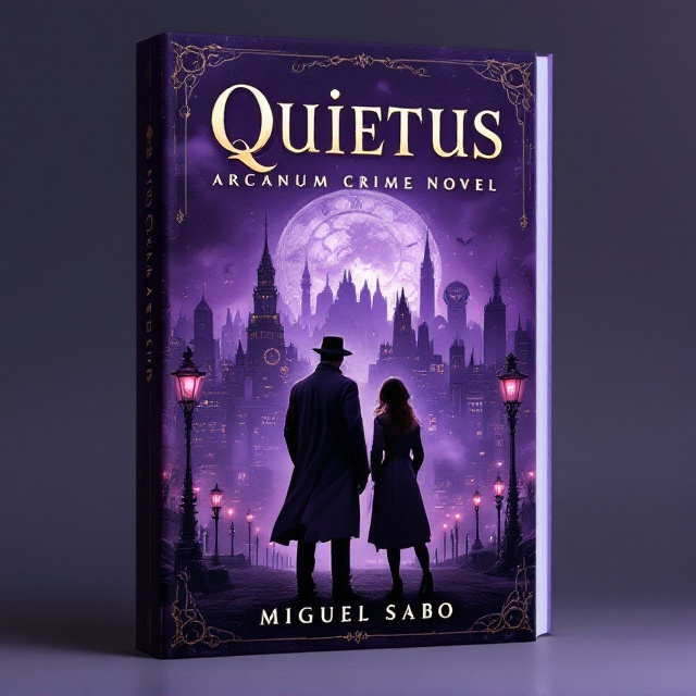 The cover features a detailed illustration of a tall male detective and a shorter female detective standing side by side. They are set against a backdrop of a sprawling steampunk cityscape illuminated by gas lamps. The city skyline merges into shades of deep purple, creating an aura of mystery and silence. Subtle elements like floating clock gears and fog softly emphasize the fantasy and detective theme.