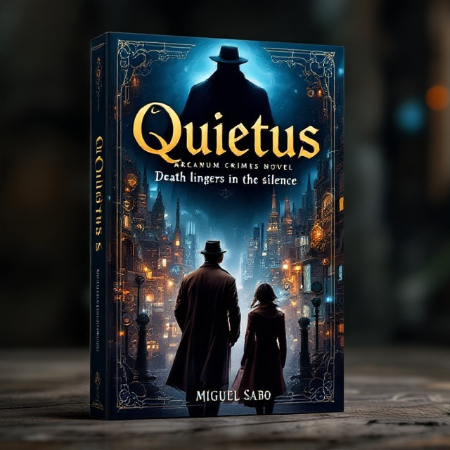 The cover showcases a tall detective man in a trench coat and fedora, alongside a shorter woman in a cloak. They are both standing in the foreground, facing a bustling steampunk city. Above the city skyline looms a shadowy, menacing figure. The city is a swirl of gears, smokestacks, and glowing blue lights, creating an atmosphere of intrigue. Fine, intricate ornaments edge the cover, enhancing the mystery.