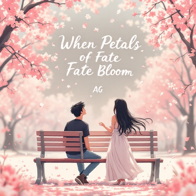 An anime-style illustration with a soft, sketched appearance, featuring a bench in a peaceful park setting. A guy with black hair, clad in a black T-shirt and jeans, sits on the bench, gazing upwards. In front of him stands a girl with flowing black hair in a beautiful dress, reaching out to him with a gentle expression of concern. Surrounding them are delicate cherry blossom petals floating in the air, casting a pink hue over the serene scene, symbolizing connection and fate.
