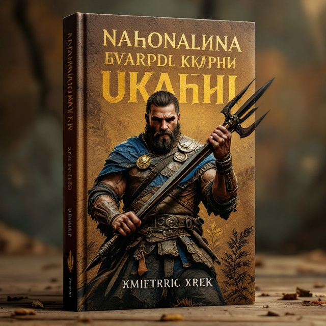 A rugged, courageous Ukrainian warrior stands prominently, wielding a traditional weapon with determination. Behind him, the Ukrainian trident (herb) is subtly embossed, symbolizing national pride. The background features a warm, earthy brown tone, reminiscent of resilience and the land. The scene captures a sense of motion and struggle, emphasizing bravery and freedom.