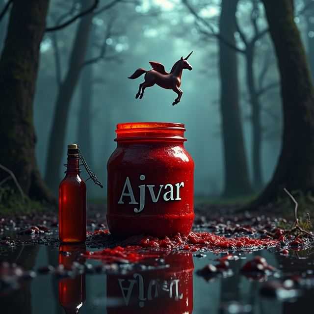 A dark, ominous forest serves as the background, subtly fading into shadows. In the foreground, a jar of ajvar, partially open, appears oversized and menacing, oozing its contents like a viscous, red fluid. Adjacent to the jar is a bottle of rakija, placed at an angle, its reflection casting eerie shadows. A unicorn, emanating an ethereal glow, floats above the scene, symbolizing a beacon of hope. On either side, two kids are depicted holding knives, their expressions solemn, casting elongated, dramatic shadows.