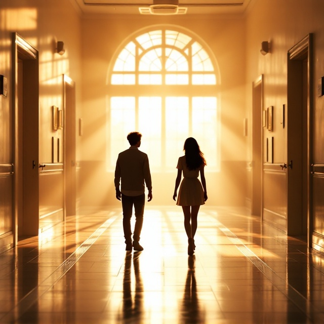 The cover shows a dreamy high school hallway bathed in golden sunlight streaming through large windows. Silhouettes of a boy and a girl are positioned in the center, walking past each other in opposite directions. The scene is tinted with soft pink, golden, and warm beige hues, evoking a sense of love, nostalgia, warmth, mystery, and anticipation. The open classroom doors on either side add depth to the composition, leading the viewer's eyes down the hallway and enhancing the sense of a journey or story beginning.