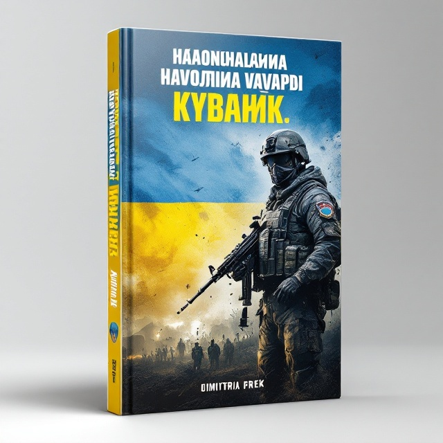 A powerful and dynamic cover featuring a modern Ukrainian soldier in full combat gear, prominently positioned in the foreground. In the background, provide a blend of the Ukrainian flag elements with a subtle appearance of the Ukrainian coat of arms. The overall color scheme should involve shades of blue and yellow with accents of steel gray to convey strength and patriotism. The background should also have a faint silhouette of a battlefield, signifying the ongoing struggle and fight for freedom.