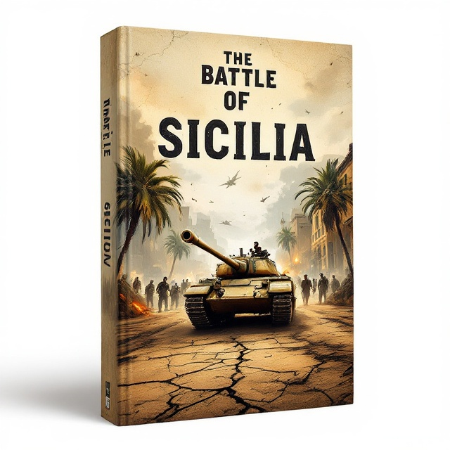 An intense and gritty war scene is the focal point—a Tiger tank rumbling forward through a cracked Sicilian street, flanked by palm trees on one side and the crumbling remains of an old Italian building on the other. Soldiers from different armies (US, British, German, and Italian) are strategically positioned in action, with distant explosions and smoke rising against a faded historic map backdrop. The overall illustration employs a vintage muted color palette with sepia undertones, softened edges, and rugged detailing to give it the feel of a WWII-era artistic style.