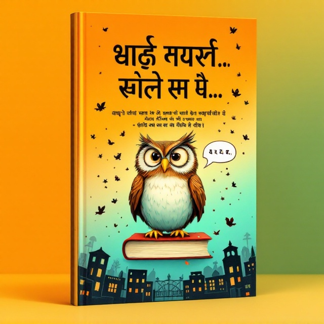 The cover features a bright orange-to-teal gradient background, symbolizing vibrancy and humor. At the center, an illustration of a quirky, cartoonish "उल्लू" (owl) is perched on a book holding a speech bubble with "हा हा ही ही" written inside it. Surrounding the owl, playful elements like a windblown school uniform, a whimsical pose of someone performing "पवनमुक्तासन," quirky churan bottle sketches, and antique-style bullets ("मिस कारतूस") are scattered like confetti. Tiny birds in school uniforms fly around in the top half of the cover, adding more whimsy. The bottom of the cover features light black silhouettes of school buildings fading into orange.